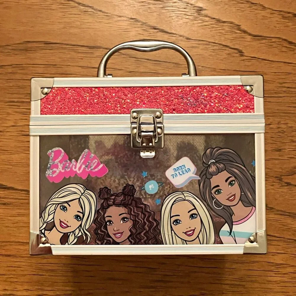 Barbie Metal Jewelry Box Silver/Pink Rectangular Carry Case w/ Handle Latch